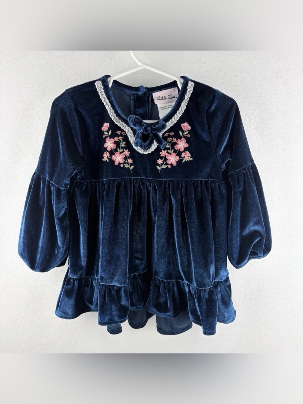 Vintage Little Lass Velvet Dress Blue Navy Floral Bow 24 Months Dainty Cottage